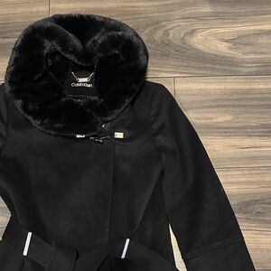 Calvin Klein Black Trench Coat with Faux Fur Hood
